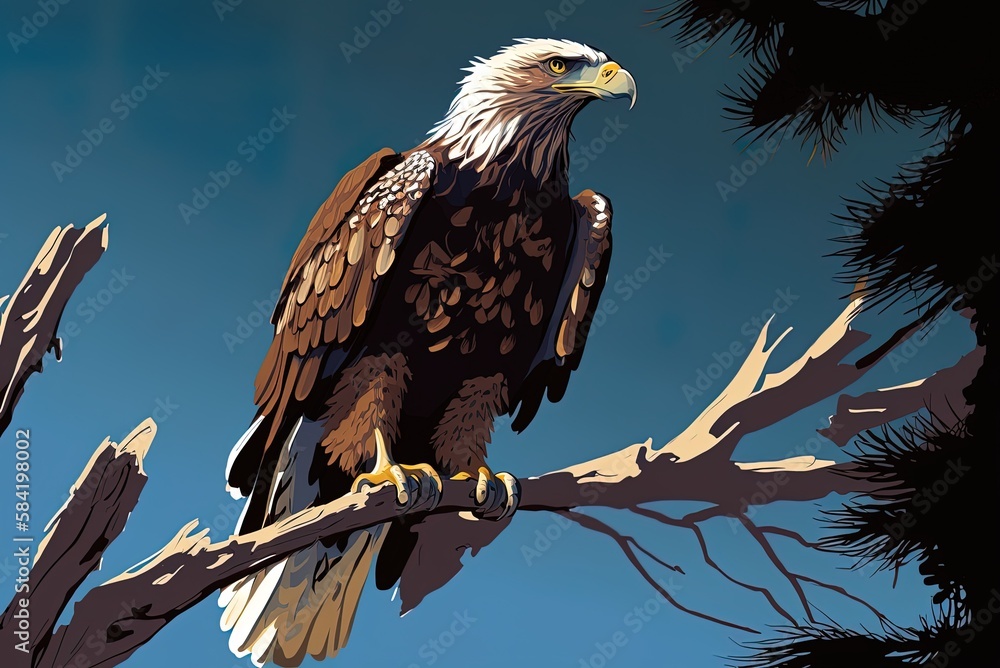 Poster a vertical, low-angle image of an eagle perched on a branch against a blue sky. generative ai