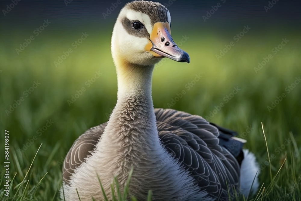Poster background-perfect vertical close-up of a goose on the grass generative ai