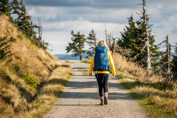 Woman hiking in mountains. Tourist with backpack walks on trekking trail. Adventure in nature