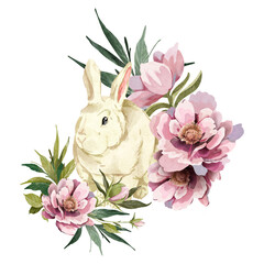 Watercolor illustration of a fluffy white rabbit surrounded by soft pink flowers and leaves, isolated with transparent background.