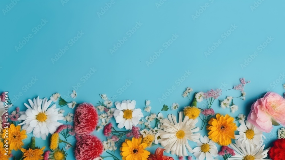 Wall mural Spring flowers on blue background. Top view. Flat lay. Copy space. Generative ai.