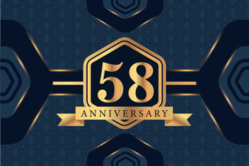 58th year anniversary celebration luxury golden logo vector design with black elegant color on blue abstract background 