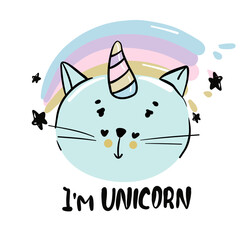 Catcorn. Lovely cartoon cat unicorn face and lettering text on white background. Cute vector for clothing print and children t-shirt for girl