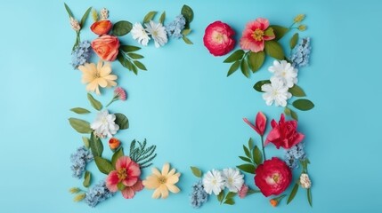 Fototapeta premium Spring flowers frame on blue background. Top view. Flat lay. Copy space. Generative ai.