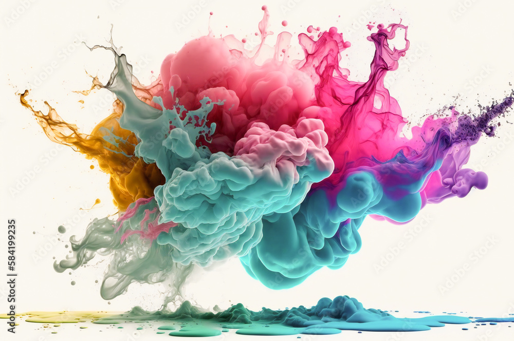 Aufkleber colored dust clouds mixing in an explosion. white background. fictional illustration. created with g