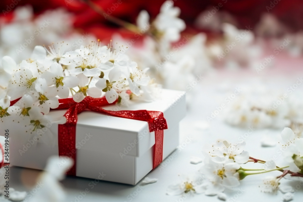 Poster delicate white flowers and a small gift box with a red ribbon. simplicity and cuteness concept. crea