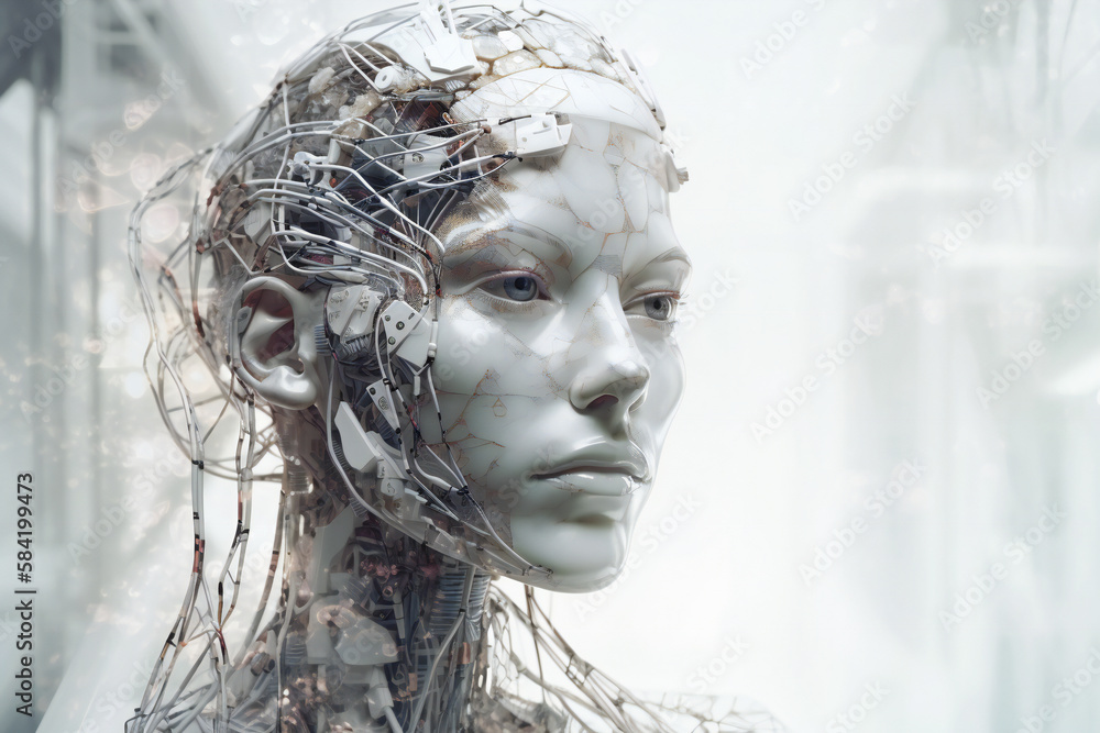 Poster illustration of a beautiful female android head. robotic and artificial intelligence concept. create