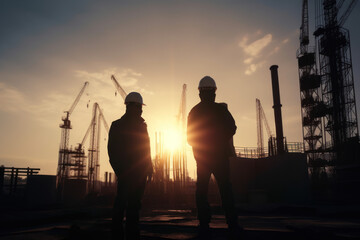 Fototapeta premium Silhouettes d'ingénieurs et d'ouvriers en réunion sur fond de chantier, chantier de construction au coucher du soleil en soirée