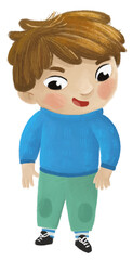 cartoon cheerful child kid boy dressed for autumn, spring or winter childhood illustration for children