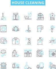 House cleaning vector line icons set. Mop, Vacuum, Dust, Wipe, Sweep, Scrub, Disinfect illustration outline concept symbols and signs