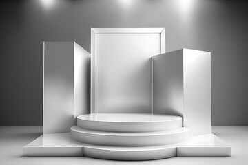 Pedestal of Platform display with modern stand podium on white room background. 3D rendering