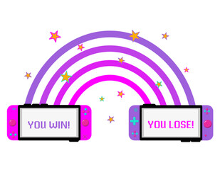 Gamer vector illustration concept with handheld game consoles, pink rainbow and decorative elements. Flat style vector illustration for poster, print, card etc. Retro gamer print concept