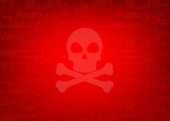 Skull and crossbones on red binary code number background