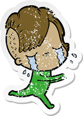 distressed sticker of a cartoon crying girl