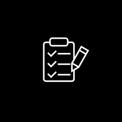 Clipboard and pencil line icon isolated on black