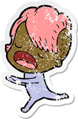 distressed sticker of a cartoon cool hipster girl talking