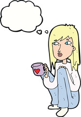 cartoon woman sitting with cup of coffee with thought bubble