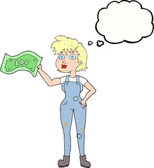 thought bubble cartoon confident farmer woman with money