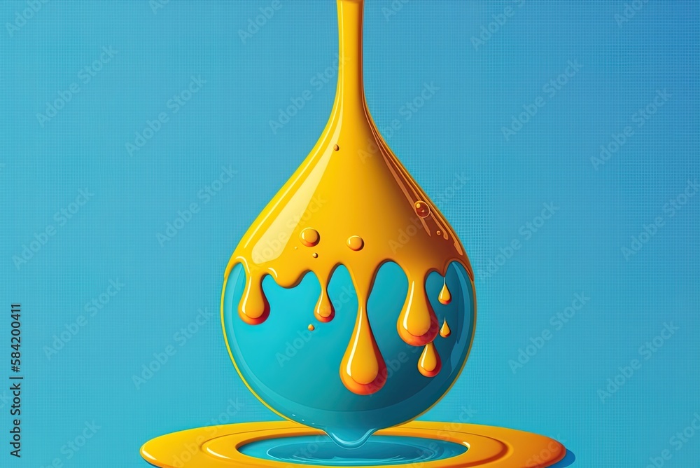 Poster dropper filled with blue liquid, placed vertically above an erlenmeyer flask containing yellow liqui
