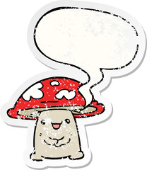 cartoon mushroom character and speech bubble distressed sticker