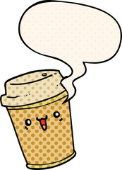 cartoon take out coffee and speech bubble in comic book style