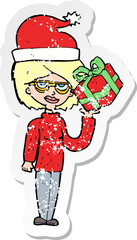 retro distressed sticker of a cartoon woman getting ready for christmas