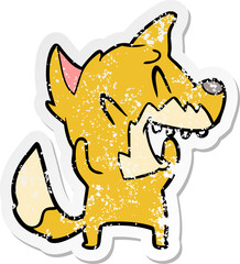 distressed sticker of a laughing fox cartoon