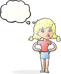 cartoon pretty girl with hands on hips with thought bubble