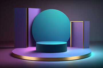 Pedestal of Platform display with modern stand podium on blue and magenta room background. 3D rendering