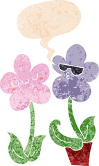 cute cartoon flower and speech bubble in retro textured style