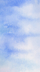 Obraz premium Blue watercolor image with soft paper texture as vertical white sky clouds story background with copyspace - aesthetic minimal watercolor art textured design