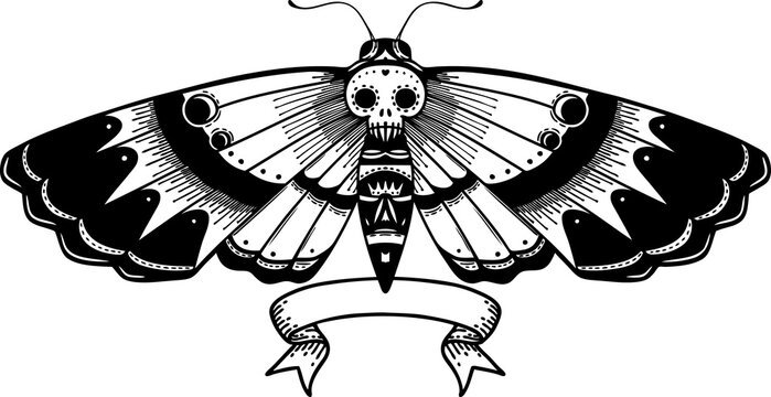black linework tattoo with banner of a deaths head moth