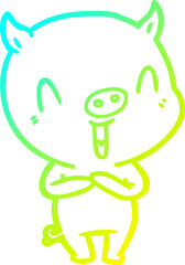 cold gradient line drawing happy cartoon pig