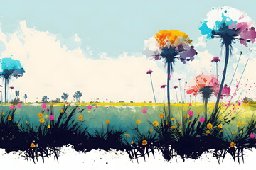 Colorful abstract flower meadow background, a vivid abstract flower landscape with a panoramic background generative AI