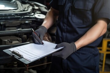 Close up Mechanic holding clipboard of service instructions working in repair service garage