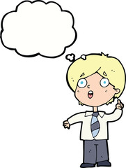 cartoon schoolboy answering question with thought bubble