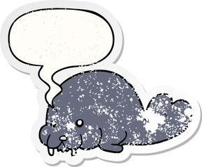 cute cartoon walrus and speech bubble distressed sticker