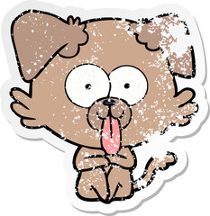 distressed sticker of a cartoon dog with tongue sticking out