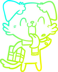 cold gradient line drawing cartoon panting dog with present