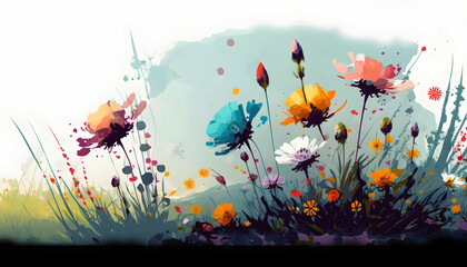 Colorful abstract flower meadow background, a vivid abstract flower landscape with a panoramic background generative AI