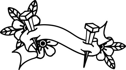 black linework tattoo with banner of iron nail