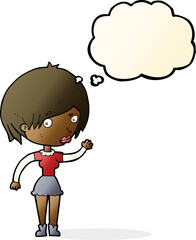 cartoon waving woman with thought bubble