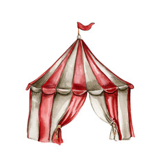 Watercolor hand drawn red circus tent vintage style. Perfect for wedding, invitations, blogs, card templates, birthday and baby cards, patterns, quotes. isolater on white background. © Leila