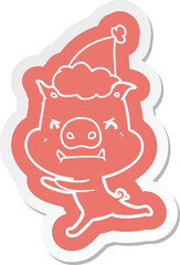 angry cartoon  sticker of a pig wearing santa hat