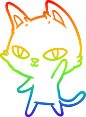 rainbow gradient line drawing cartoon cat waving