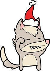 tired wolf line drawing of a wearing santa hat