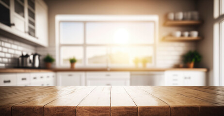 Empty Beautiful wood table  top and blur bokeh modern kitchen interior background in clean and bright, Ready for product montage