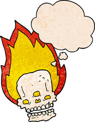 spooky cartoon flaming skull and thought bubble in grunge texture pattern style