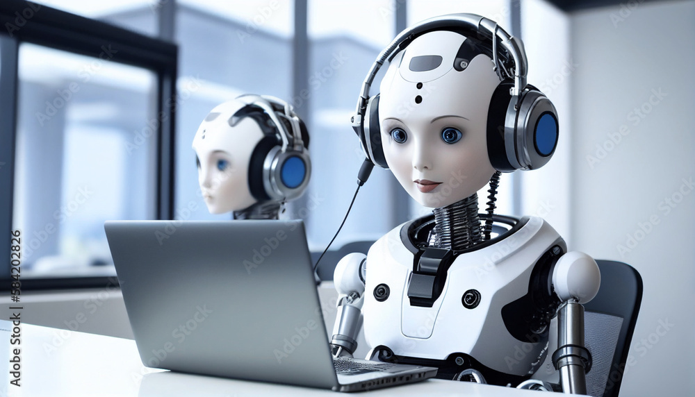 Poster robots wearing headphones serve as customer service personnel answering phone calls and answering ph