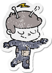 distressed sticker of a friendly cartoon spaceman pointing